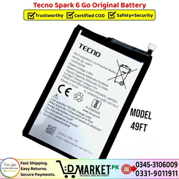 Tecno Spark 6 Go Original Battery Price In Pakistan