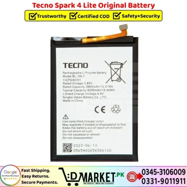 Tecno Spark 4 Lite Original Battery Price In Pakistan