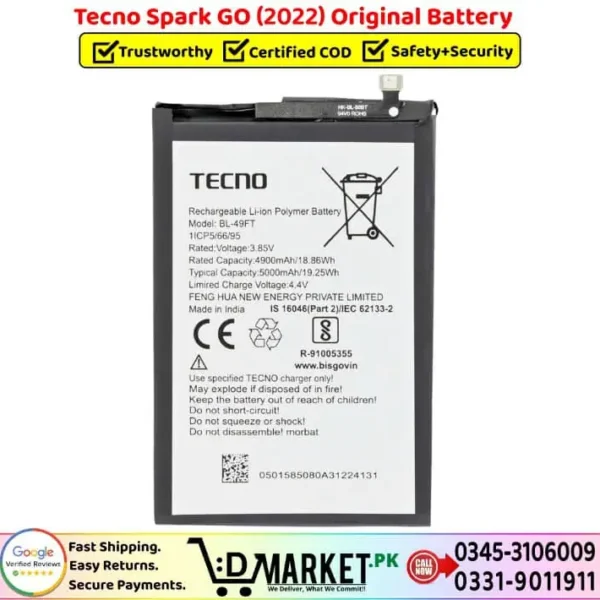 Tecno Spark GO 2022 Original Battery Price In Pakistan
