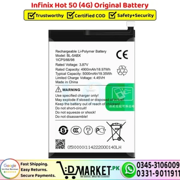 Infinix Hot 50 4G Original Battery Price In Pakistan