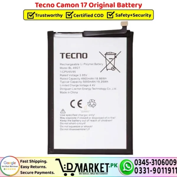 Tecno Camon 17 Original Battery Price In Pakistan