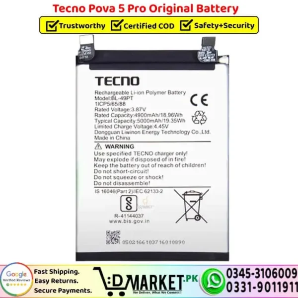 Tecno Pova 5 Pro Original Battery Price In Pakistan